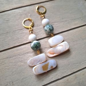 Ivory Conch Green Jasper Stone Gold Dangle Earrings Boho Chic Formal Jewelry
